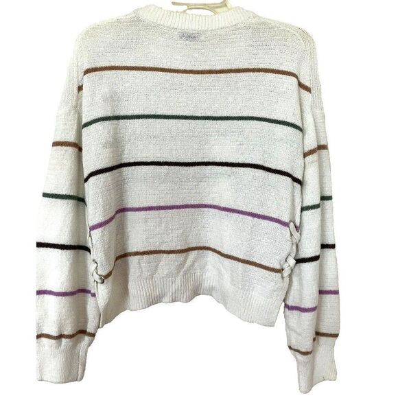 SO sz S Slouch Cropped Ivory White Stripe Grommets Side Tie Laces Knit Top Comfy - Picture 3 of 5